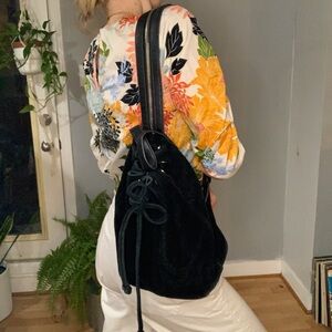 Y2K Black real Suede Drawstring purse Backpack with leather trim silver hardware